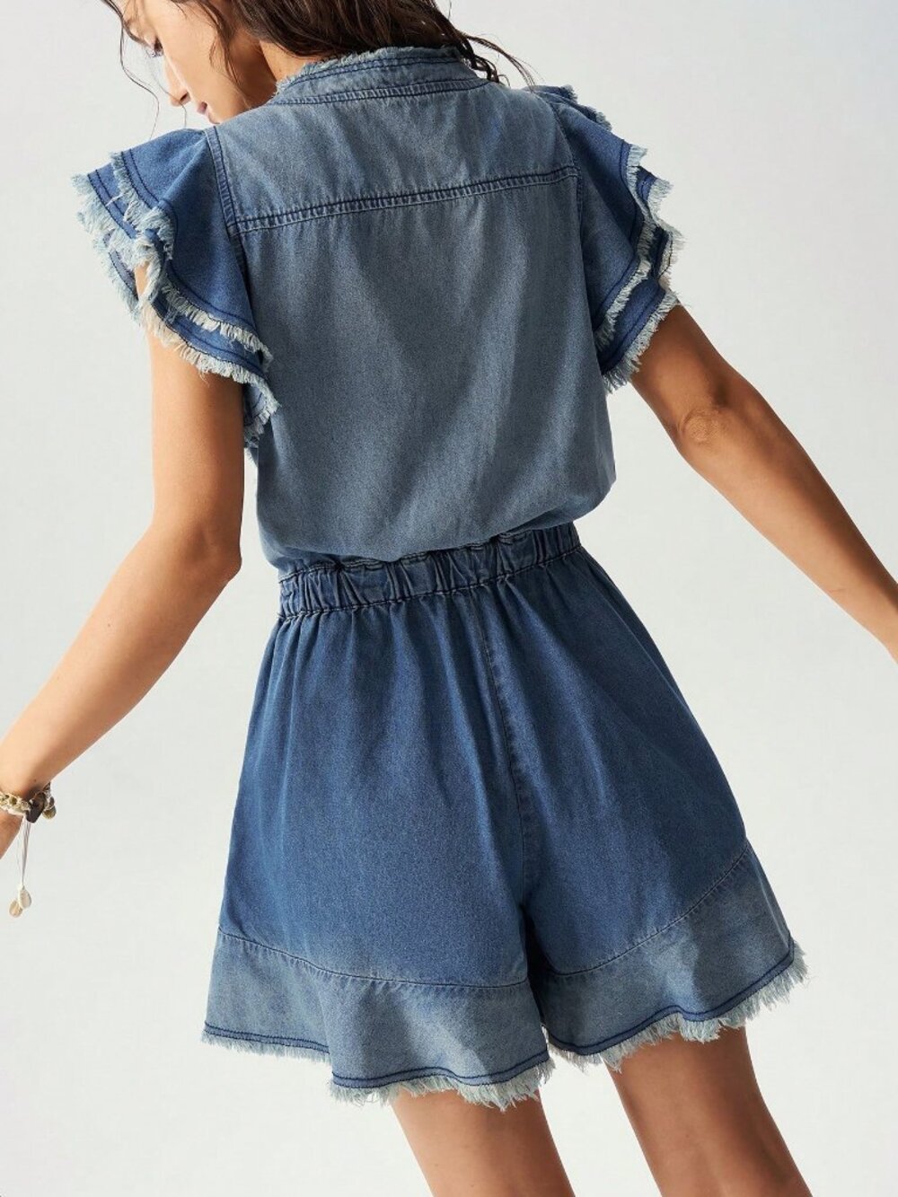 Blue Casual Women's Woven Ruffle Distressed Washed Denim romper Jumpsuit - Picture 6 of 7